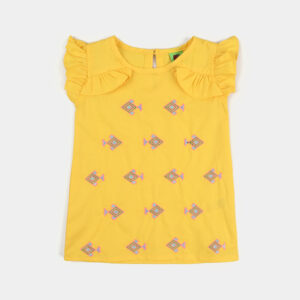 Infant Girls Cotton Poplin Emb Kurti Neon Fish-Yellow